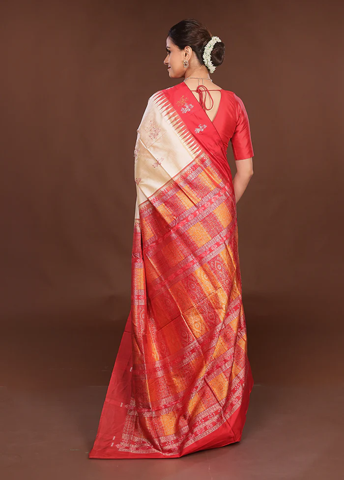 Cream Handloom Bomkai Pure Silk Saree With Blouse Piece - Image 3