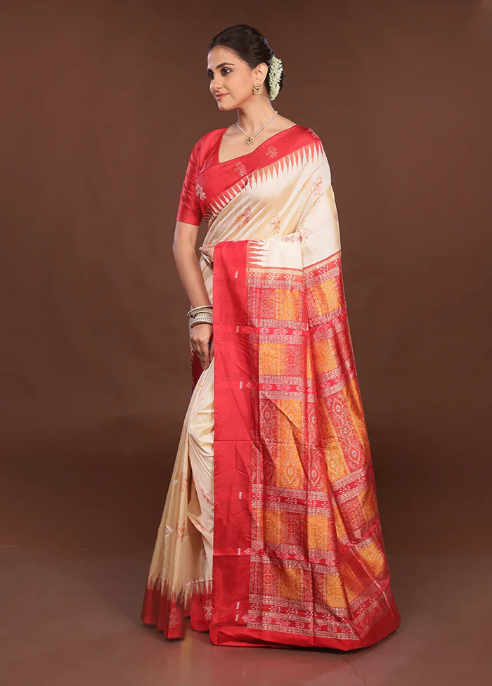Cream Handloom Bomkai Pure Silk Saree With Blouse Piece - Image 4
