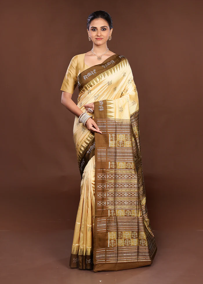 Cream Handloom Bomkai Pure Silk Saree With Blouse Piece - Image 2