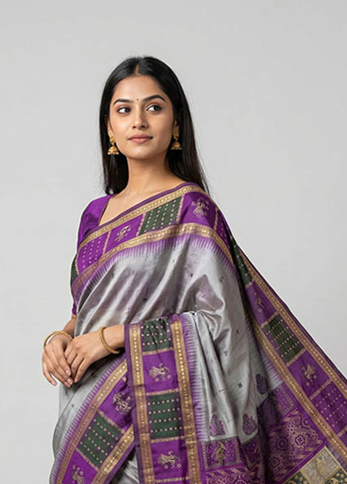 Cream Handloom Bomkai Pure Silk Saree With Blouse Piece - Image 2