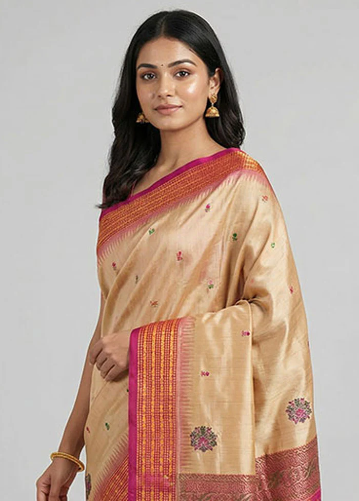 Cream Handloom Bomkai Pure Silk Saree With Blouse Piece - Image 2