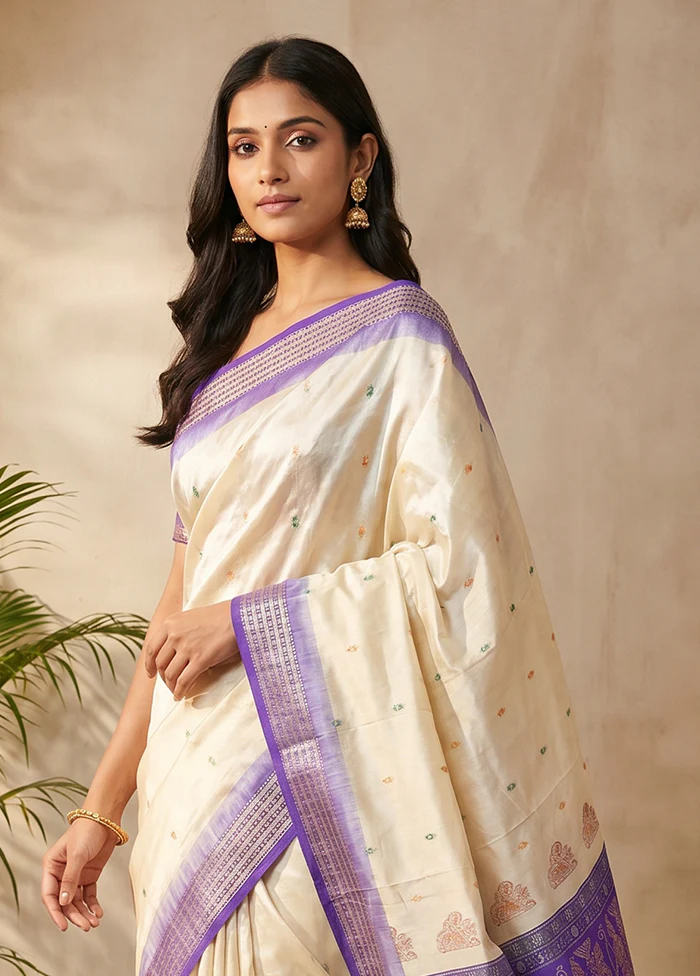 Cream Handloom Bomkai Pure Silk Saree With Blouse Piece - Image 2