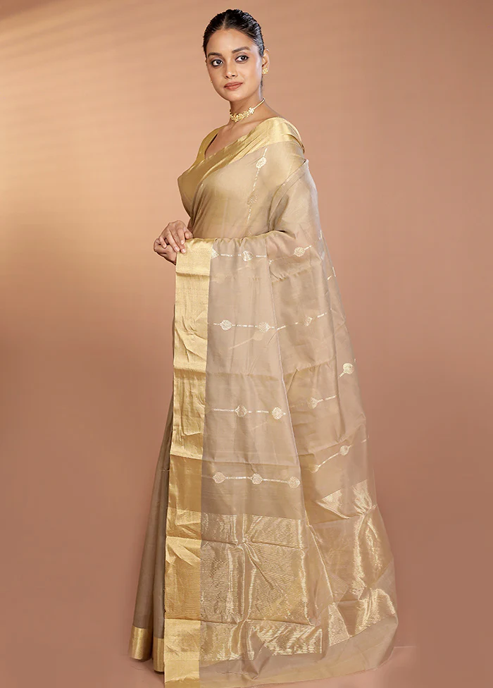 Cream Handloom Chanderi Pure Silk Saree With Blouse Piece - Image 4