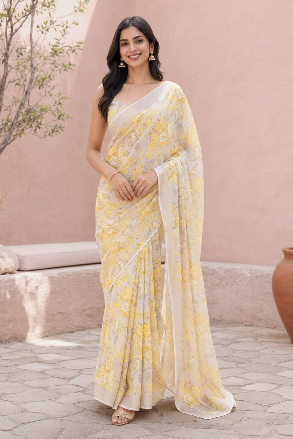 Cream Handloom Chiffon Pure Silk Saree With Blouse Piece