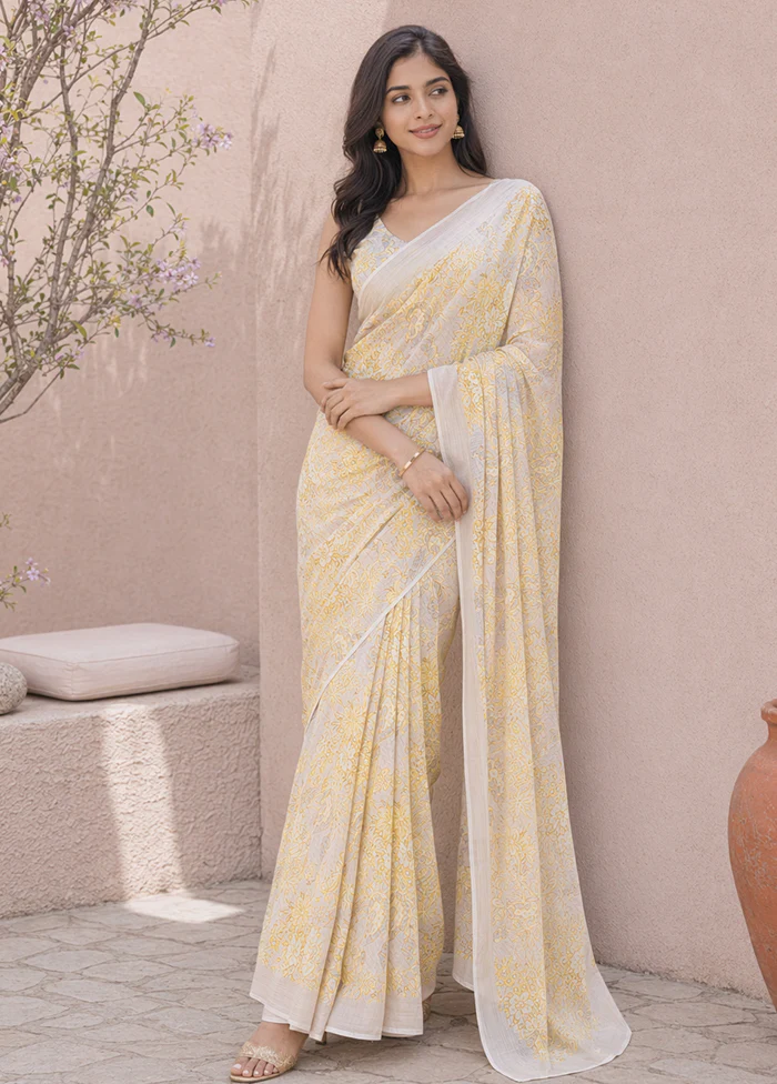 Cream Handloom Chiffon Pure Silk Saree With Blouse Piece - Image 3