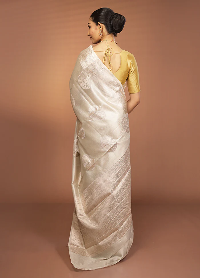 Cream Handloom Dupion Pure Silk Saree With Blouse Piece - Image 3