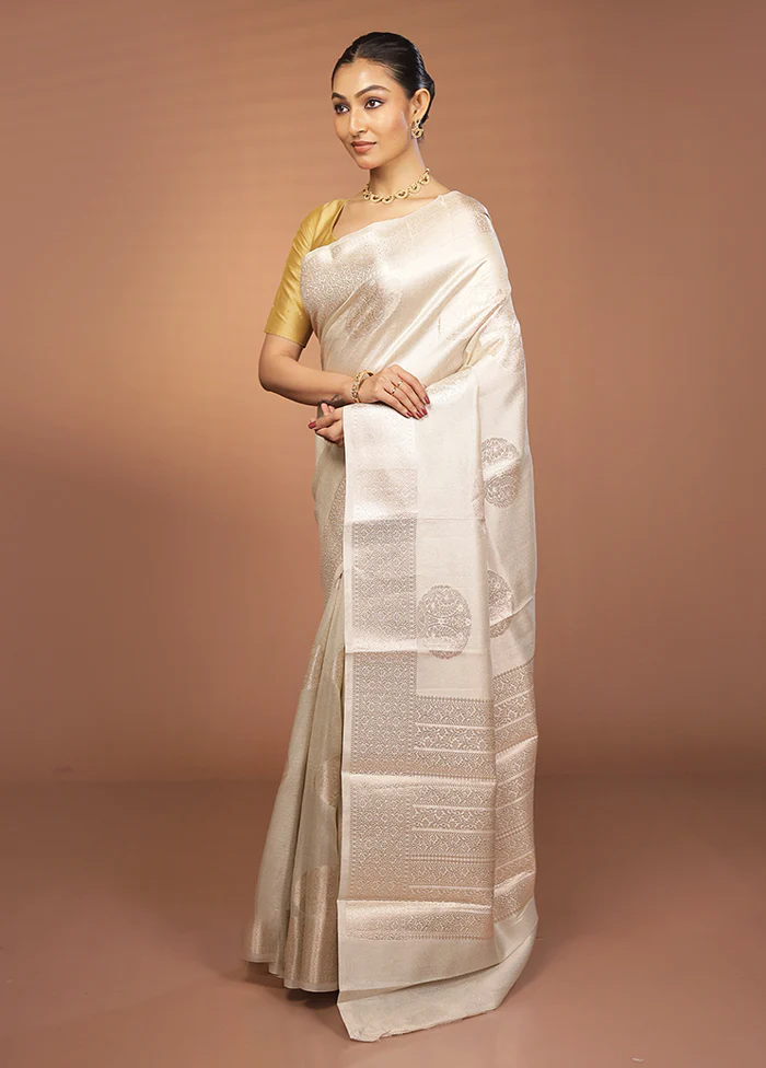 Cream Handloom Dupion Pure Silk Saree With Blouse Piece - Image 4