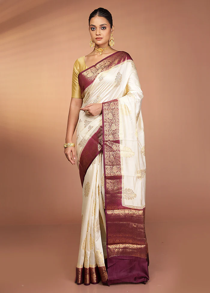 Cream Handloom Dupion Pure Silk Saree With Blouse Piece - Image 2