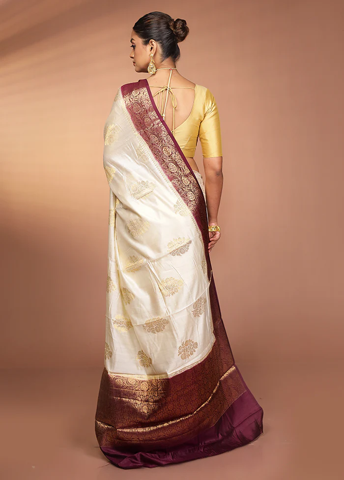 Cream Handloom Dupion Pure Silk Saree With Blouse Piece - Image 3