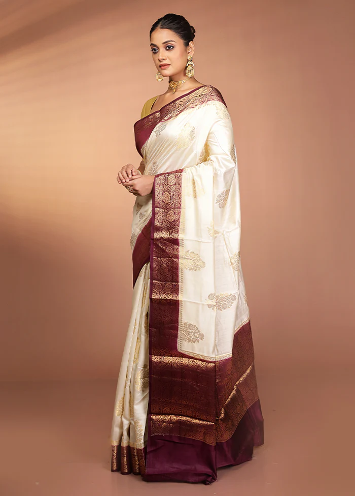 Cream Handloom Dupion Pure Silk Saree With Blouse Piece - Image 4