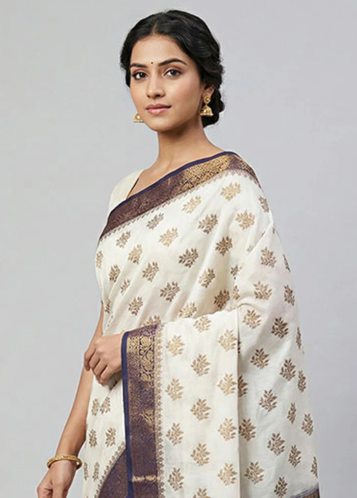 Cream Handloom Dupion Pure Silk Saree With Blouse Piece - Image 2