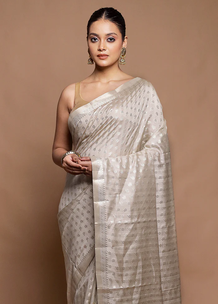 Cream Handloom Dupion Pure Silk Saree With Blouse Piece - Image 2