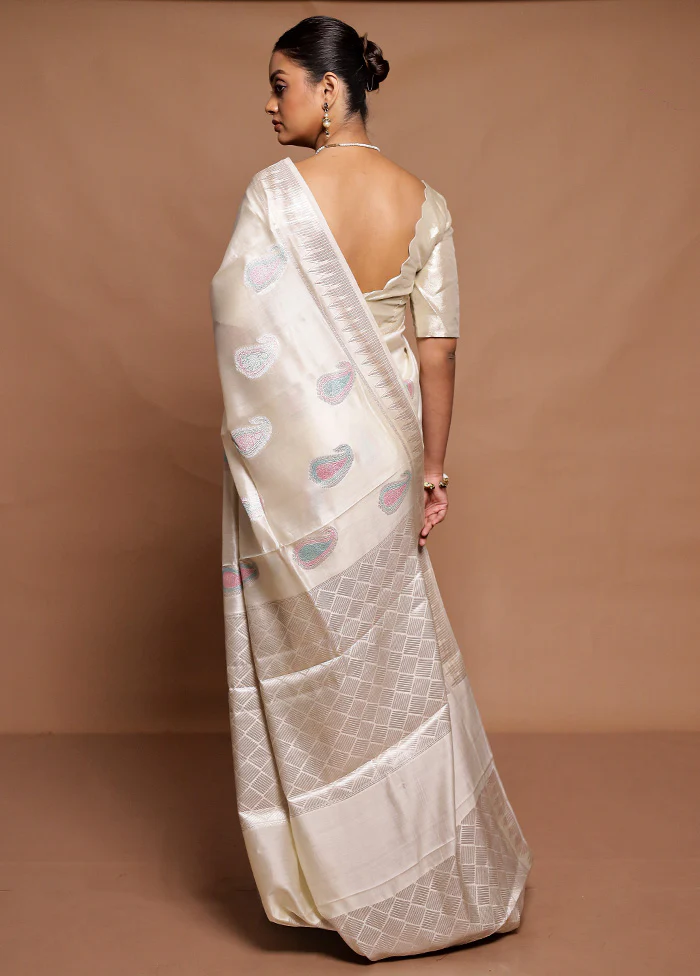 Cream Handloom Dupion Pure Silk Saree With Blouse Piece - Image 3