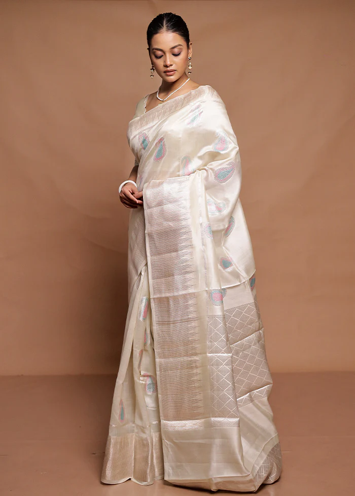 Cream Handloom Dupion Pure Silk Saree With Blouse Piece - Image 4
