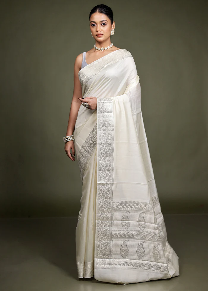 Cream Handloom Dupion Pure Silk Saree With Blouse Piece - Image 2