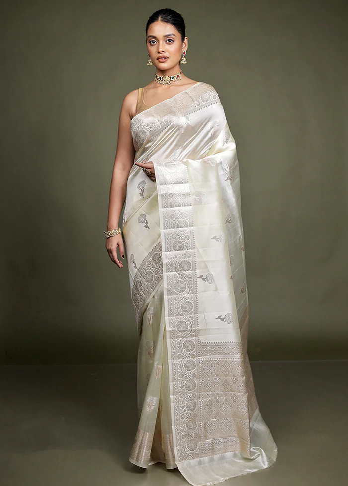 Cream Handloom Dupion Pure Silk Saree With Blouse Piece - Image 2