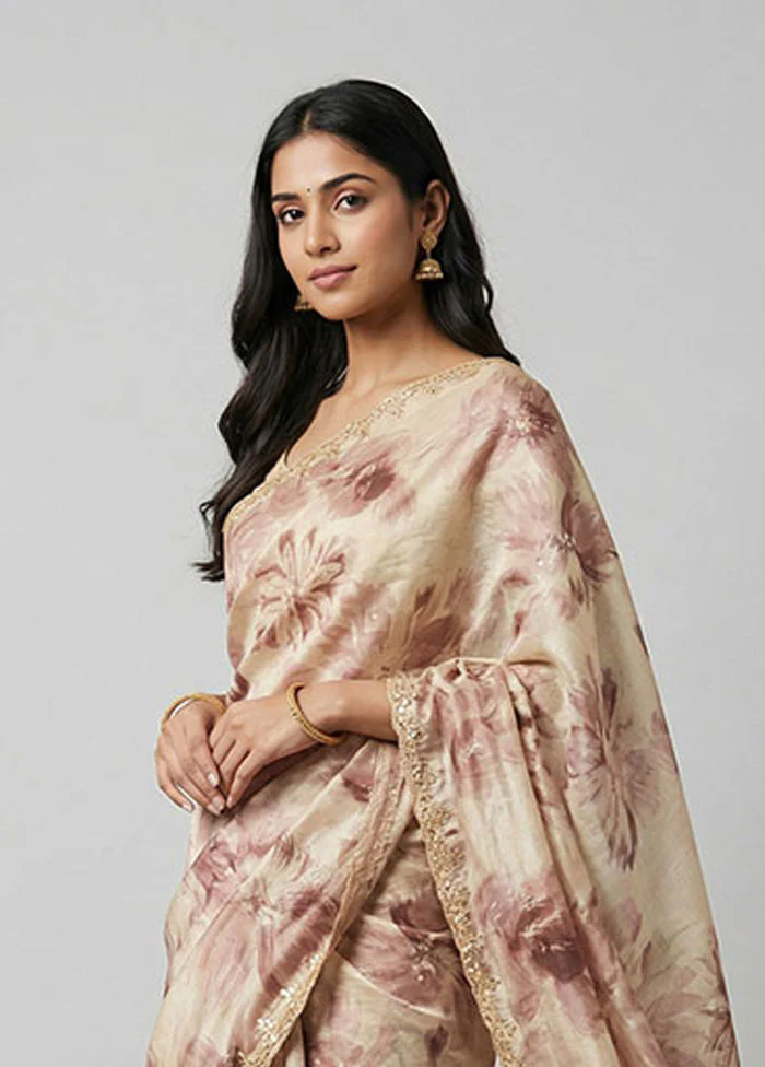 Cream Handloom Dupion Pure Silk Saree With Blouse Piece - Image 2
