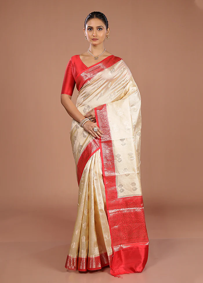 Cream Handloom Dupion Pure Silk Saree With Blouse Piece - Image 2