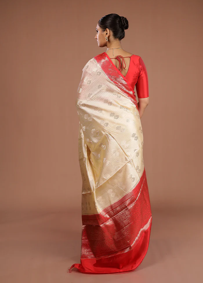 Cream Handloom Dupion Pure Silk Saree With Blouse Piece - Image 3