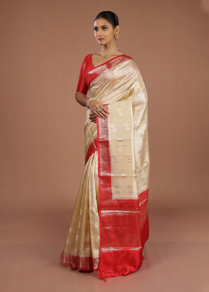 Cream Handloom Dupion Pure Silk Saree With Blouse Piece - Image 4