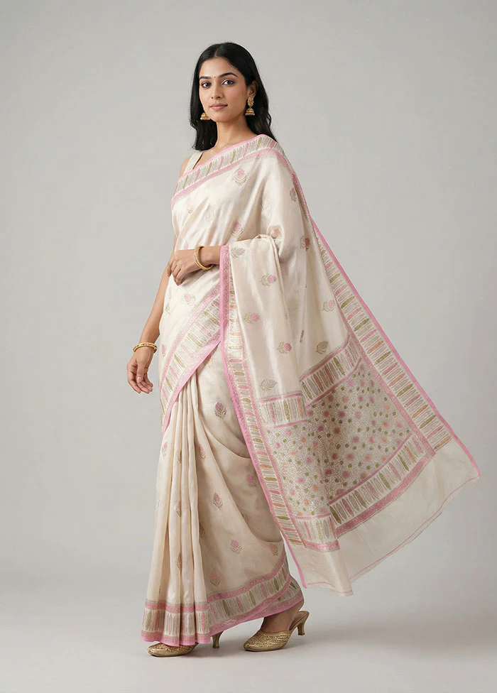Cream Handloom Dupion Pure Silk Saree With Blouse Piece