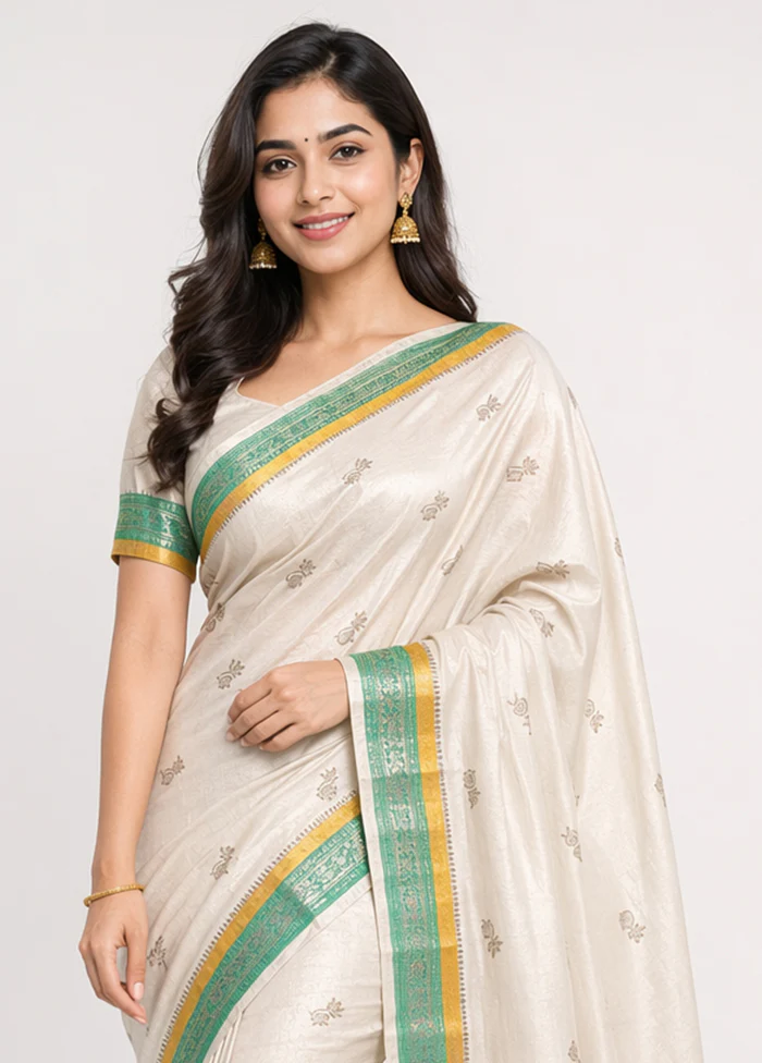 Cream Handloom Dupion Pure Silk Saree With Blouse Piece - Image 2
