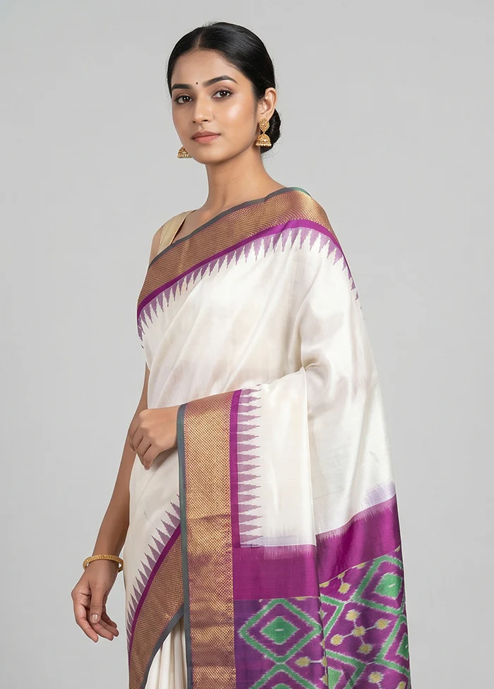 Cream Handloom Ikkat Pure Silk Saree With Blouse Piece - Image 2