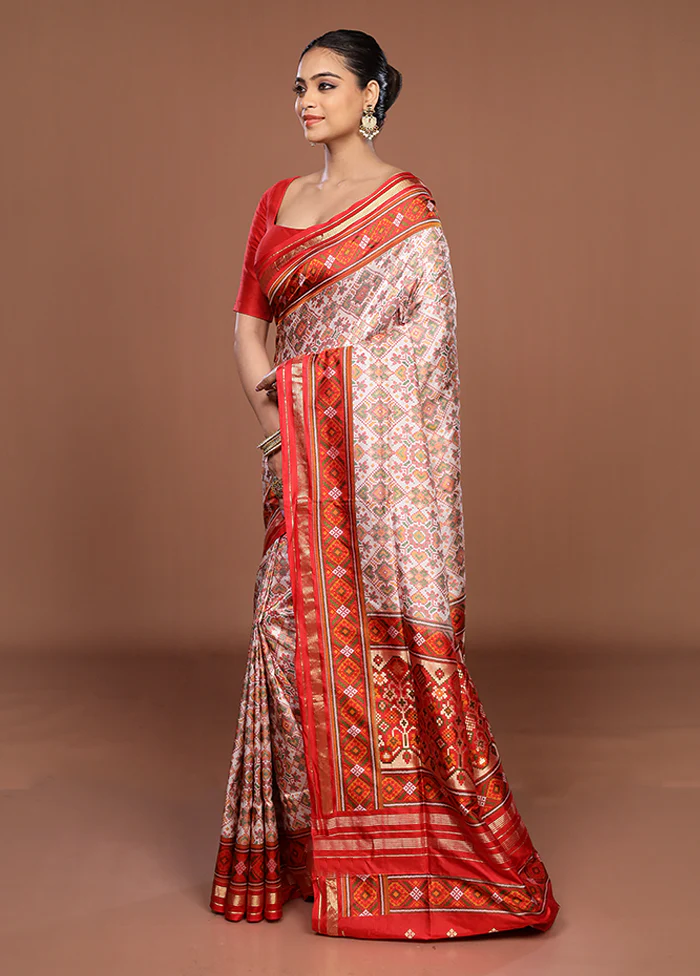 Cream Handloom Jamewar Pure Silk Saree With Blouse Piece - Image 4