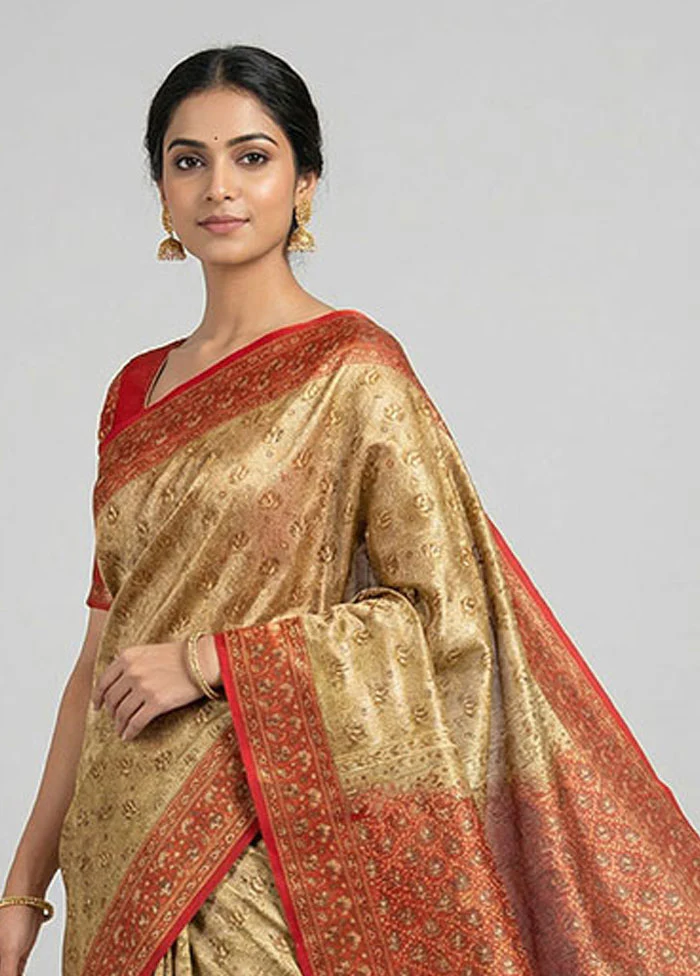 Cream Handloom Jamewar Pure Silk Saree With Blouse Piece - Image 2