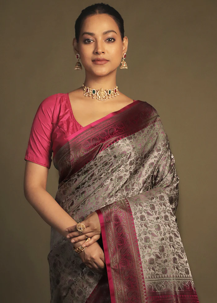 Cream Handloom Jamewar Pure Silk Saree With Blouse Piece - Image 2