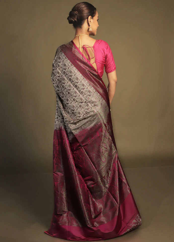 Cream Handloom Jamewar Pure Silk Saree With Blouse Piece - Image 3