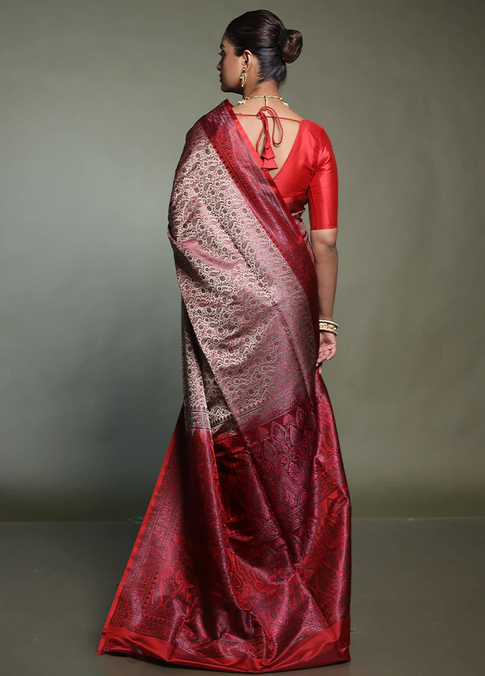 Cream Handloom Jamewar Pure Silk Saree With Blouse Piece - Image 3