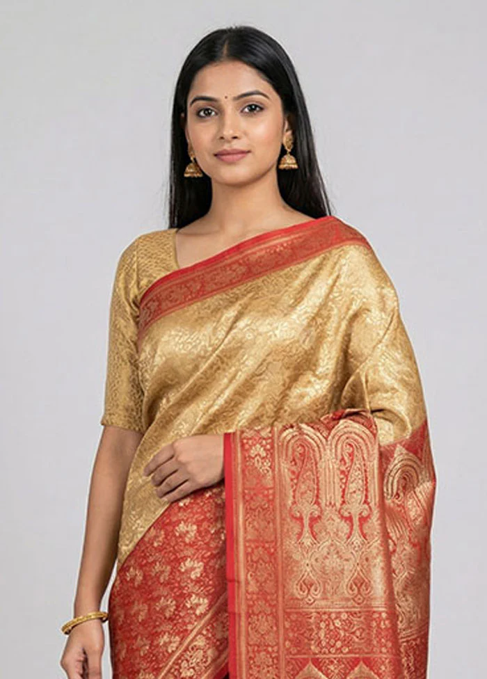 Cream Handloom Jamewar Pure Silk Saree With Blouse Piece - Image 2