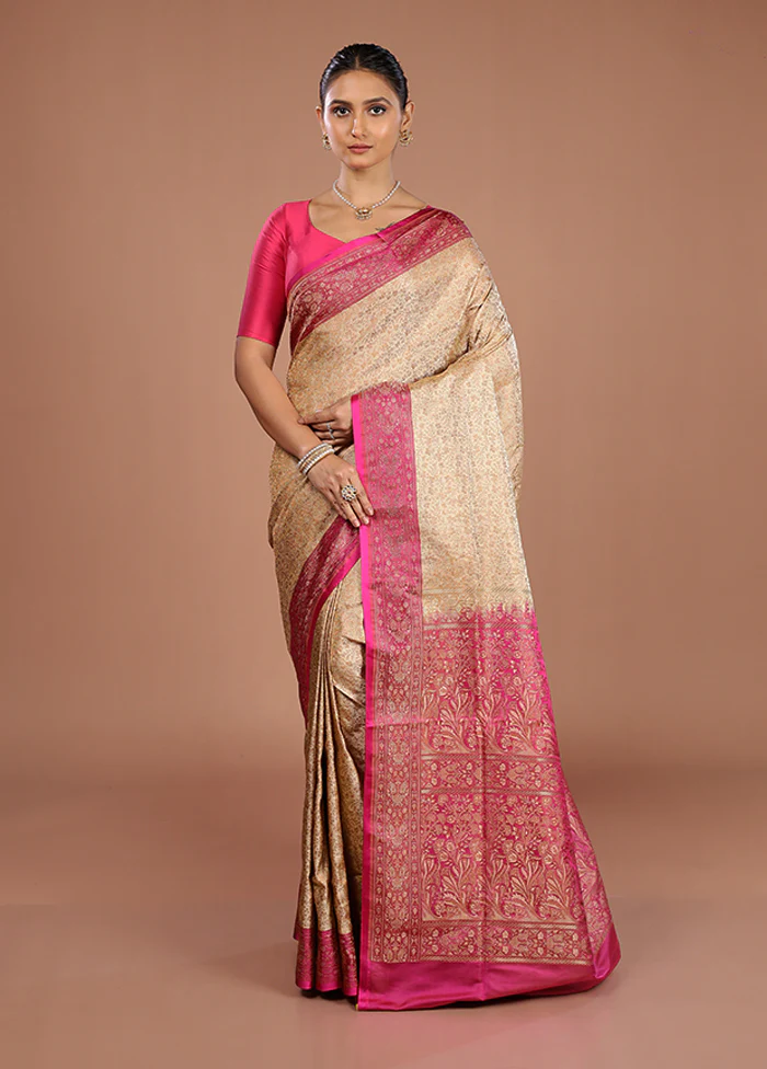 Cream Handloom Jamewar Pure Silk Saree With Blouse Piece - Image 2