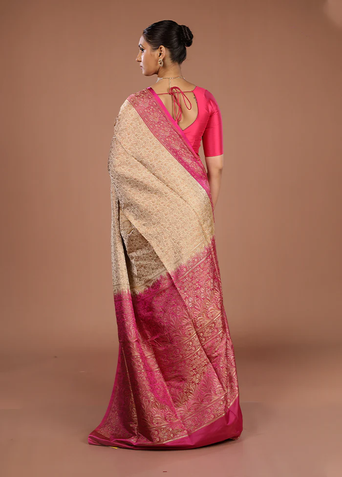 Cream Handloom Jamewar Pure Silk Saree With Blouse Piece - Image 3