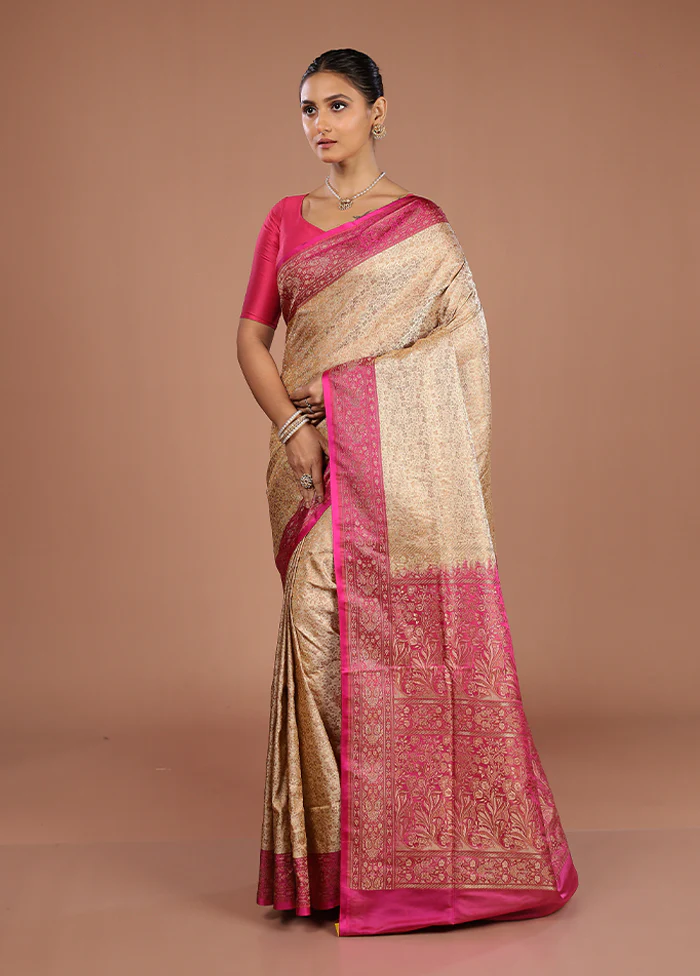 Cream Handloom Jamewar Pure Silk Saree With Blouse Piece - Image 4