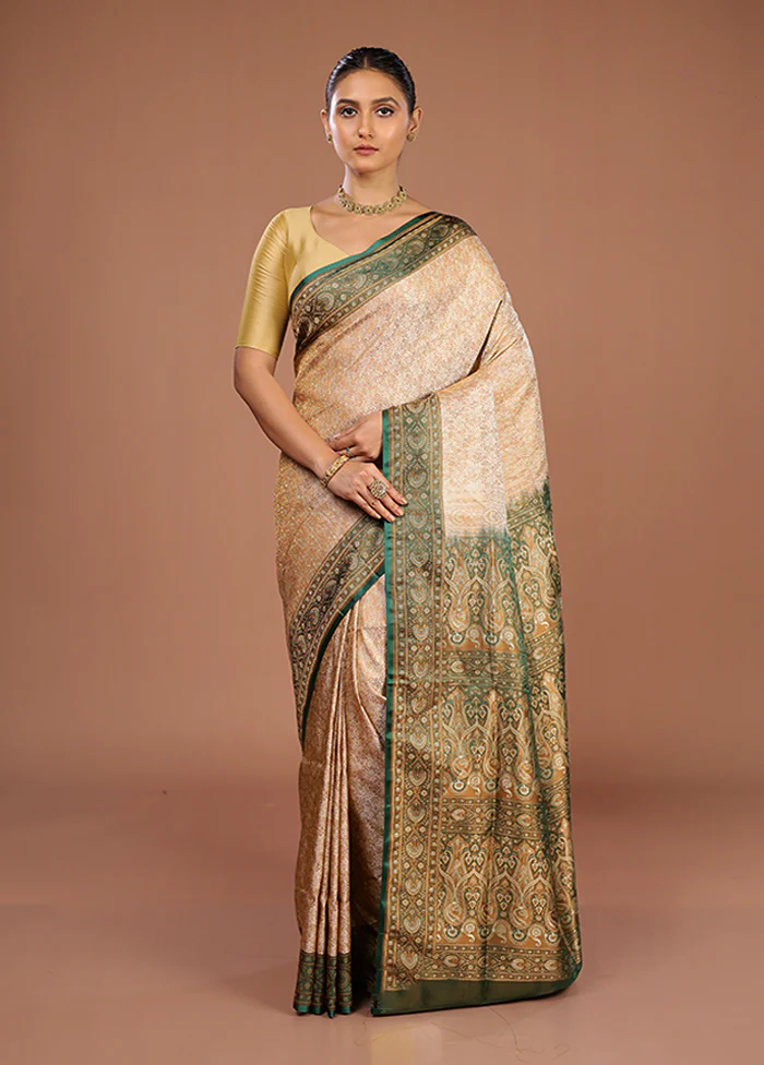 Cream Handloom Jamewar Pure Silk Saree With Blouse Piece - Image 2
