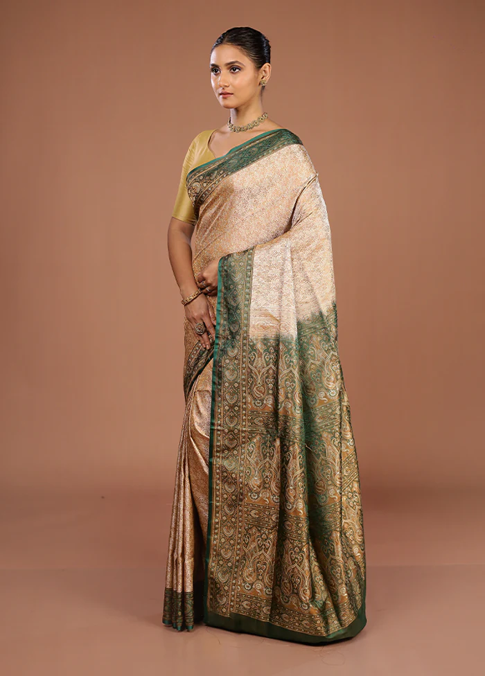 Cream Handloom Jamewar Pure Silk Saree With Blouse Piece - Image 4