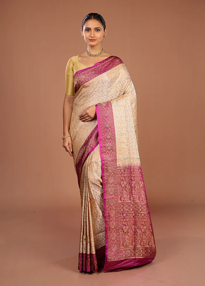Cream Handloom Jamewar Pure Silk Saree With Blouse Piece - Image 2