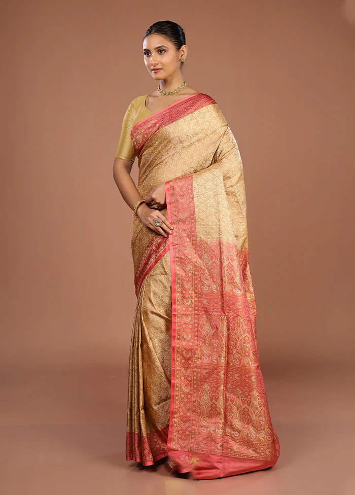 Cream Handloom Jamewar Pure Silk Saree With Blouse Piece - Image 4