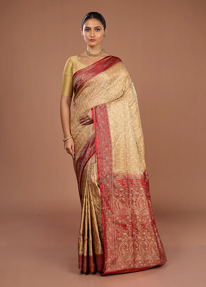 Cream Handloom Jamewar Pure Silk Saree With Blouse Piece - Image 2