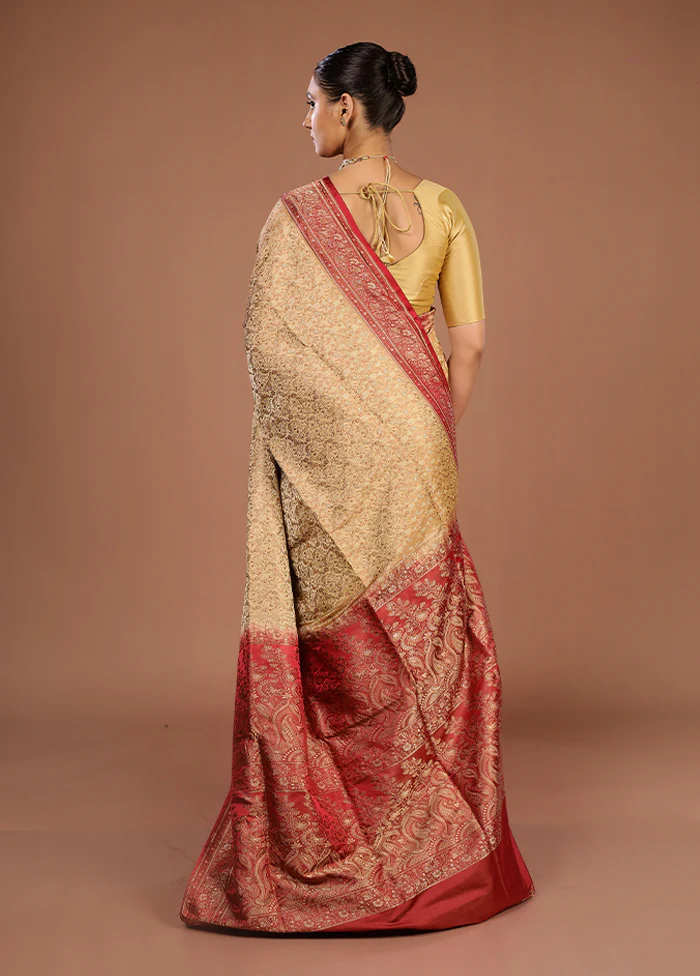 Cream Handloom Jamewar Pure Silk Saree With Blouse Piece - Image 3