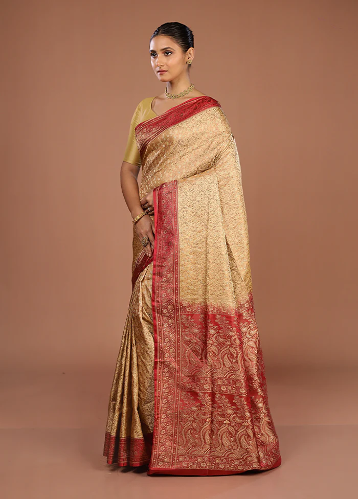 Cream Handloom Jamewar Pure Silk Saree With Blouse Piece - Image 4