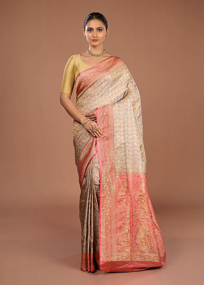 Cream Handloom Jamewar Pure Silk Saree With Blouse Piece - Image 2