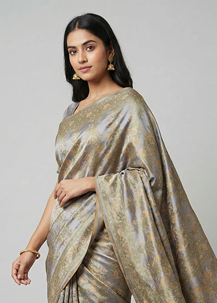 Cream Handloom Jamewar Pure Silk Saree With Blouse Piece - Image 2