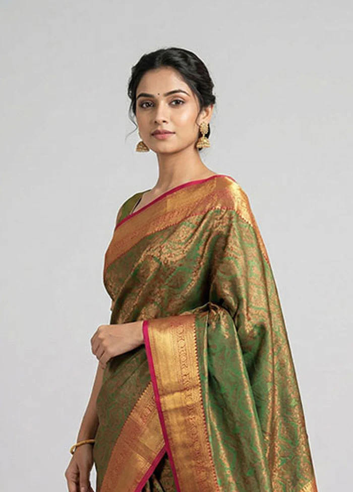 Cream Handloom Kanchipuram Pure Silk Saree With Blouse Piece - Image 2