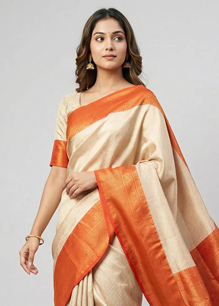 Cream Handloom Kanchipuram Pure Silk Saree With Blouse Piece - Image 2
