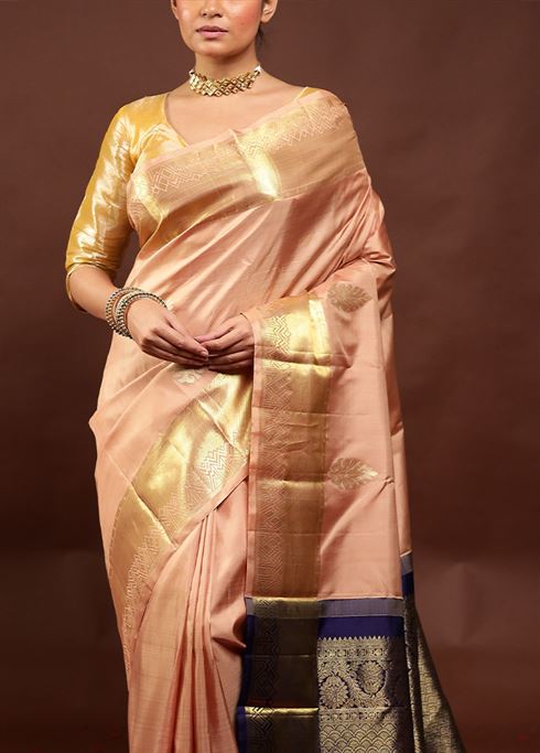 Cream Handloom Kanchipuram Pure Silk Saree With Blouse Piece - Image 5