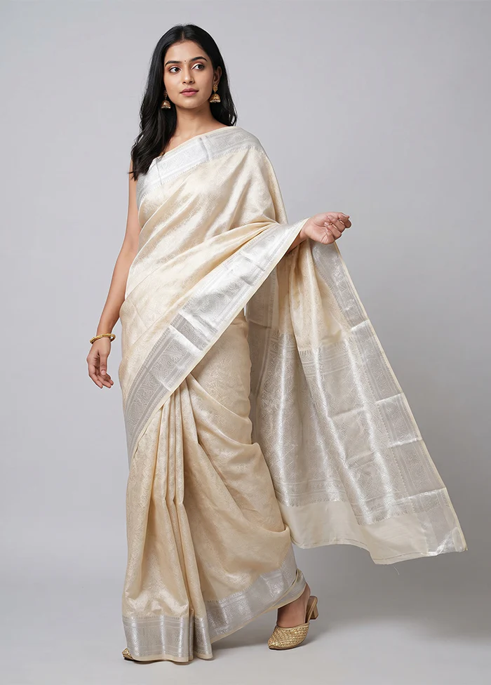 Cream Handloom Kanchipuram Pure Silk Saree With Blouse Piece