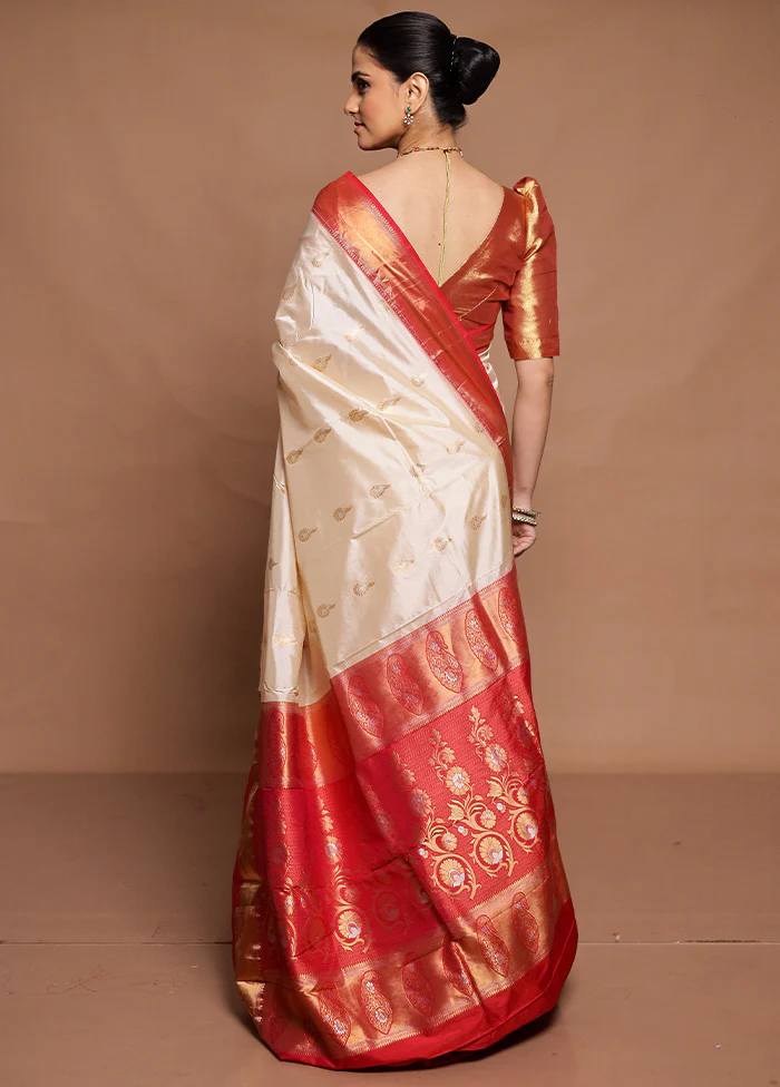 Cream Handloom Kanchipuram Pure Silk Saree With Blouse Piece - Image 3